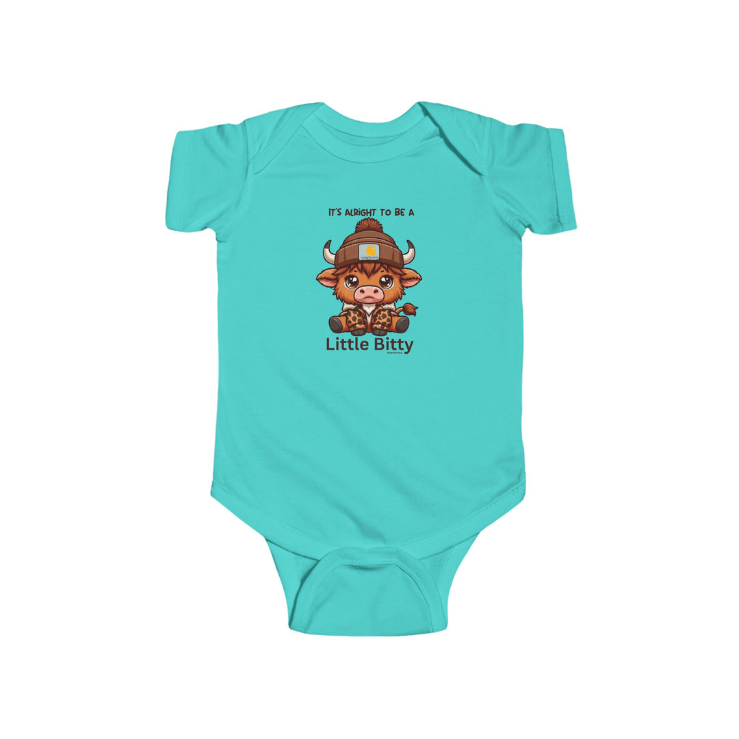 A blue baby bodysuit featuring a cartoon cow design, part of the Little Bitty Onesie collection at Worlds Worst Tees. Made of 100% cotton, with ribbed knitting for durability and plastic snaps for easy changing access.