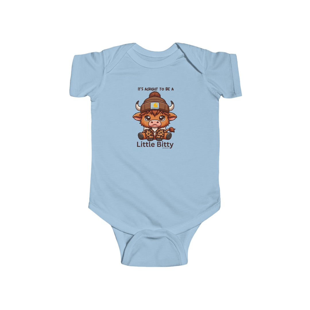 A baby bodysuit featuring a cartoon cow, part of the Little Bitty Onesie collection at Worlds Worst Tees. Made of 100% cotton, with ribbed knitting for durability and plastic snaps for easy changing.