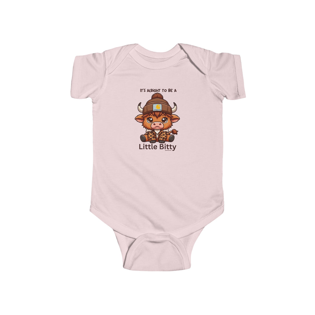 Little Bitty Onesie infant bodysuit featuring a cartoon cow design. Made of 100% cotton, with ribbed knitting for durability and plastic snaps for easy changing access. From Worlds Worst Tees.
