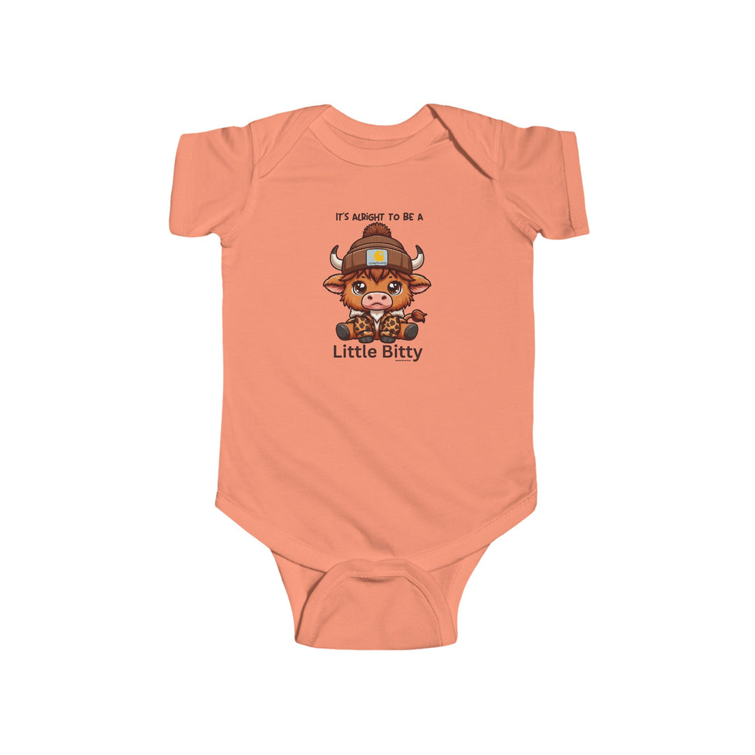 A Little Bitty Onesie featuring a cute cartoon cow design on a baby bodysuit. Made of 100% cotton for durability and softness. Plastic snaps for easy changing access. From Worlds Worst Tees.