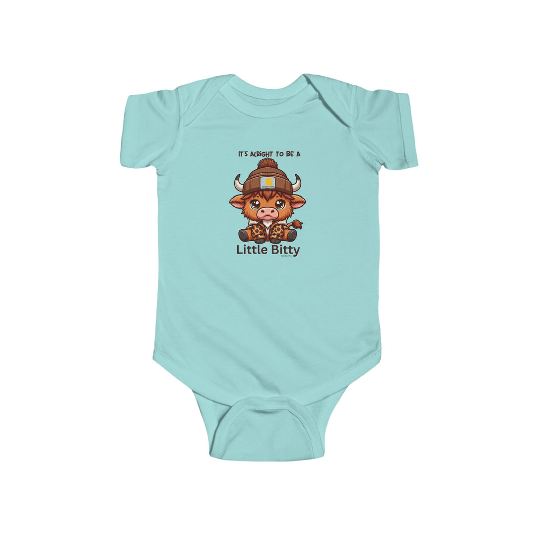 A Little Bitty Onesie featuring a cartoon cow, perfect for infants. Made of 100% cotton, with ribbed bindings and plastic snaps for easy changes. From Worlds Worst Tees.