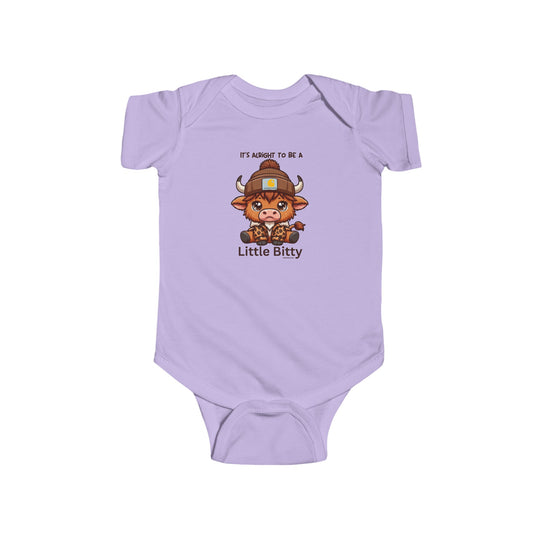 A Little Bitty Onesie featuring a cartoon cow design on a baby bodysuit. Made of 100% cotton, with ribbed knitting for durability and plastic snaps for easy changing access. From Worlds Worst Tees.