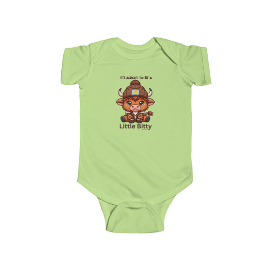 A green baby bodysuit featuring a cartoon cow, ideal for infants. Made of 100% cotton, with ribbed knitting for durability and plastic snaps for easy changing access. From Worlds Worst Tees' Little Bitty Onesie collection.
