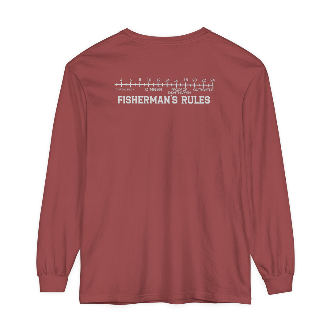 A Lucky Bones Fishing Club Long Sleeve Tee in red with white text, made of 100% ring-spun cotton. Garment-dyed fabric, relaxed fit for comfort. Ideal for casual settings. From Worlds Worst Tees.