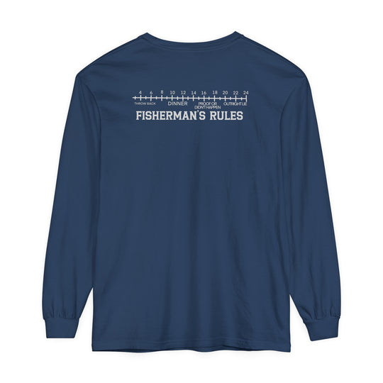 A Lucky Bones Fishing Club Long Sleeve Tee in blue with white text, made of 100% ring-spun cotton. Garment-dyed fabric, relaxed fit for casual comfort. Perfect for your Turkey Hunting Tee.