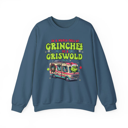 A heavy blend crewneck sweatshirt featuring a cartoon character driving a camper, embodying comfort and style. Unisex, 50% cotton, 50% polyester, loose fit, ribbed knit collar, no itchy side seams. Be a Griswold Crew by Worlds Worst Tees.
