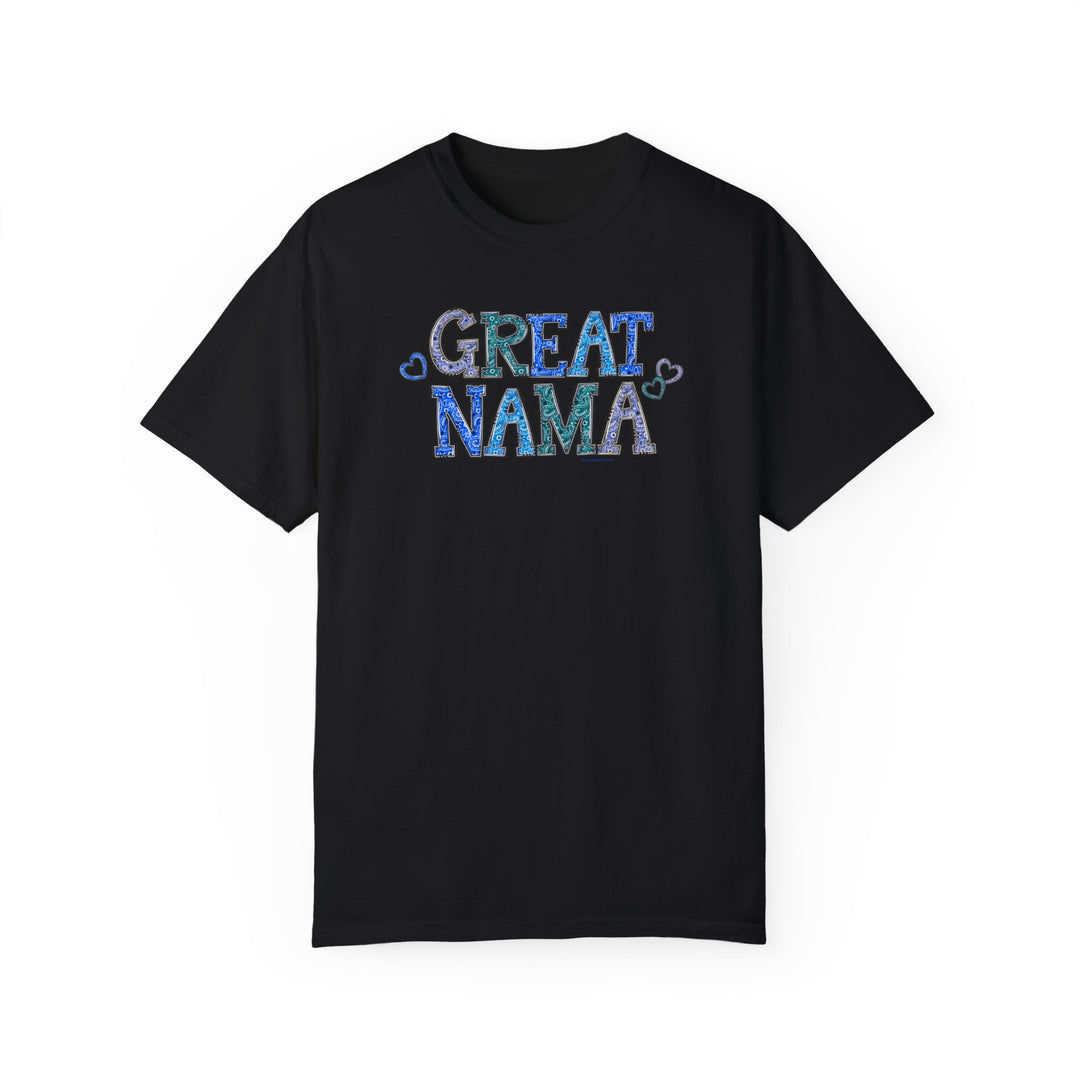 A relaxed-fit Great Nama Tee in black with blue text. Made of 100% ring-spun cotton, garment-dyed for extra coziness. Durable double-needle stitching, no side-seams for shape retention.