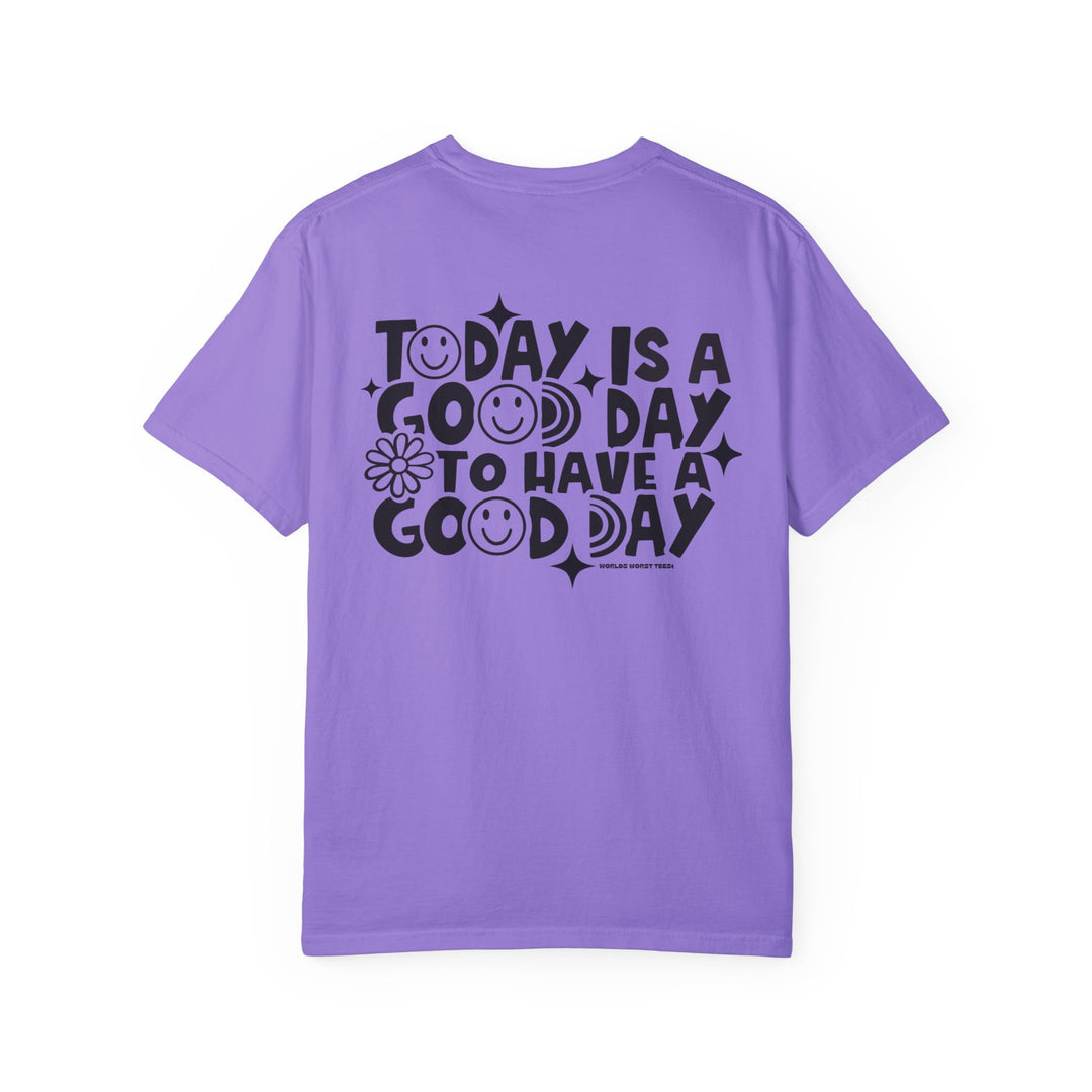 A relaxed-fit God Day to Have a Good Day Tee in purple, featuring black text. 100% ring-spun cotton, garment-dyed for extra coziness. Durable double-needle stitching, no side-seams for a tubular shape.