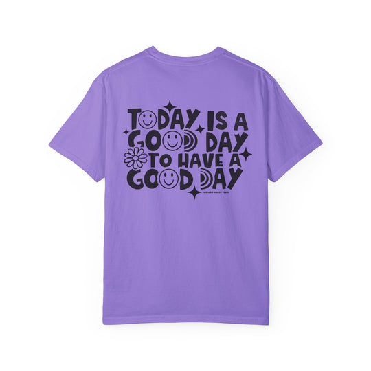 A relaxed-fit God Day to Have a Good Day Tee in purple, featuring black text. 100% ring-spun cotton, garment-dyed for extra coziness. Durable double-needle stitching, no side-seams for a tubular shape.