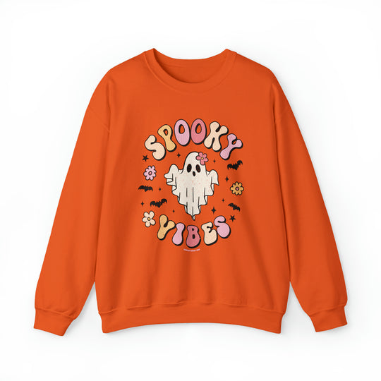 A spooky vibes crewneck sweatshirt featuring a ghost and bats design. Unisex, heavy blend fabric for comfort, ribbed knit collar, and no itchy side seams. Sizes S-5XL. From 'Worlds Worst Tees'.