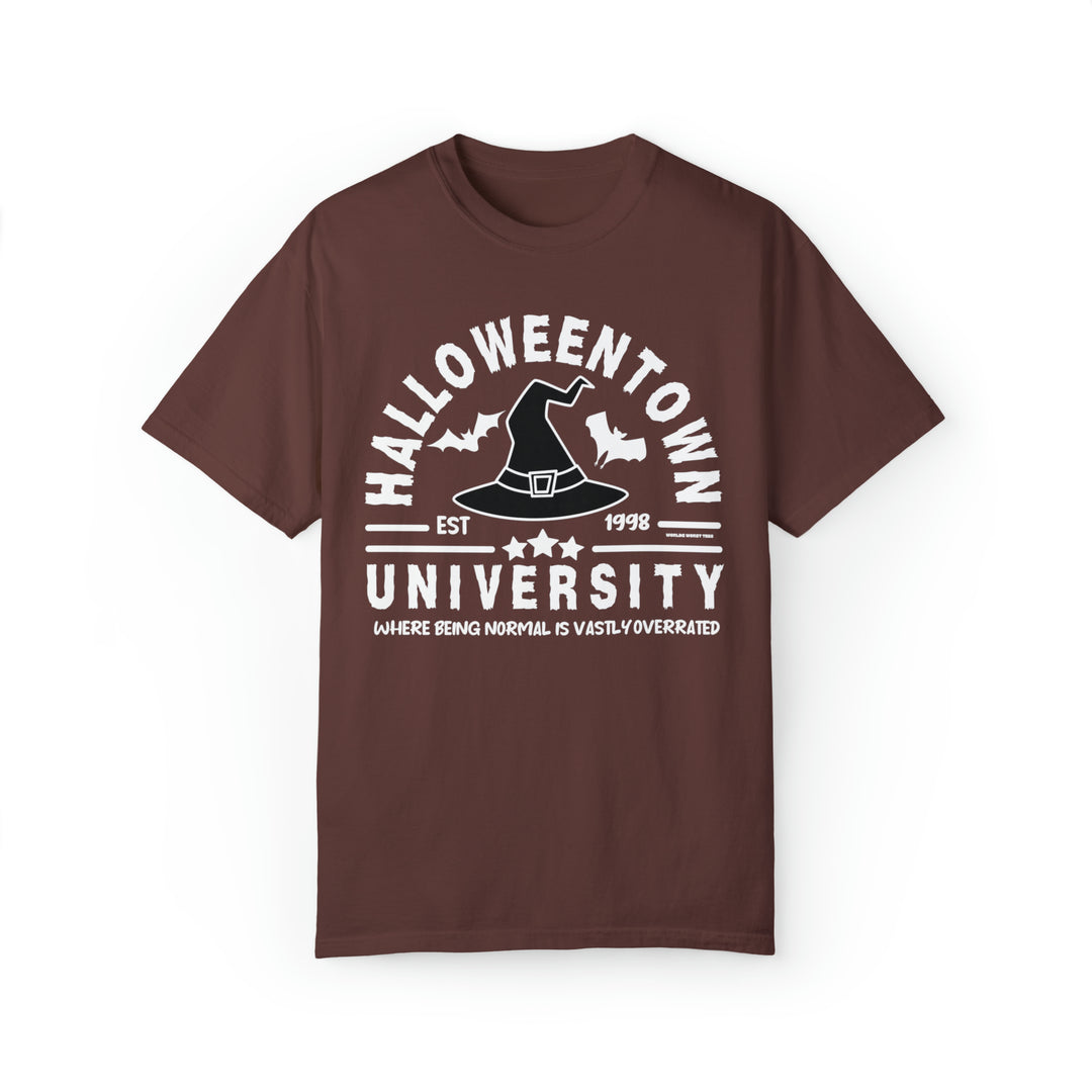 Halloweentown University Tee: Unisex brown shirt with white text, featuring a relaxed fit and garment-dyed fleece fabric. Made of 80% ring-spun cotton and 20% polyester. Dimensions: S-4XL.