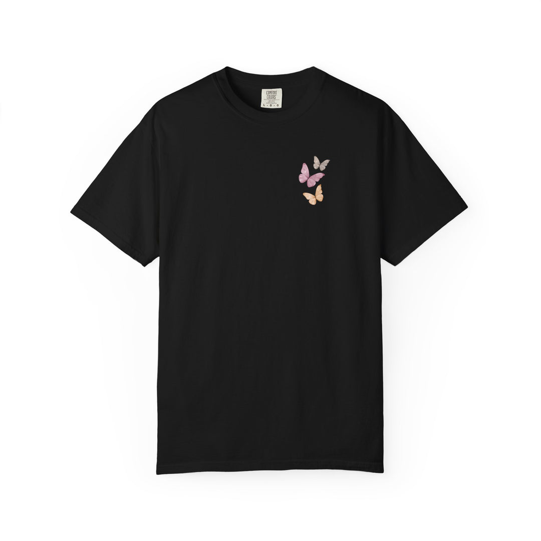 Peace Like a Wildflower Tee, relaxed fit, durable garment-dyed cotton, ideal for casual wear, available in multiple sizes, part of Worlds Worst Tees collection.