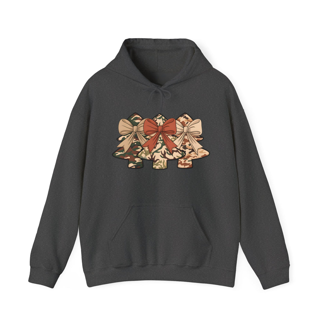 Camo Christmas Tree Hoodie with three camo-patterned Christmas trees, each topped with a bow. Features kangaroo pocket, ribbed cuffs, and drawstring hood.