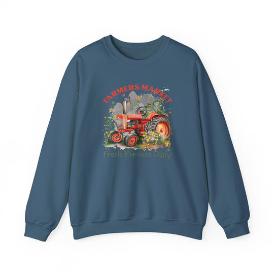 A unisex heavy blend crewneck sweatshirt featuring a tractor design, ideal for comfort in any situation. Made of 50% cotton and 50% polyester, with a ribbed knit collar for shape retention. Fresh Flowers Crew by Worlds Worst Tees.