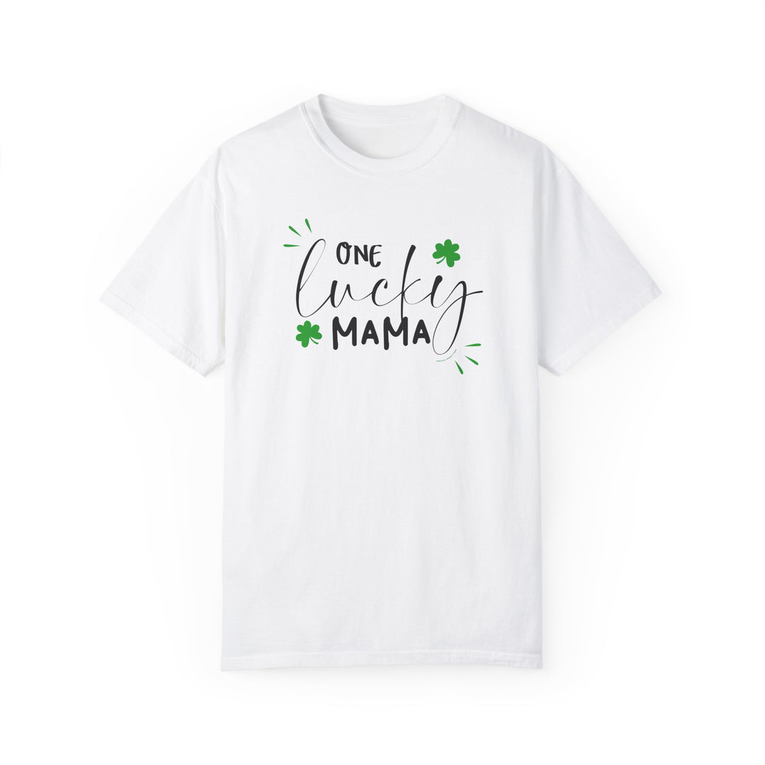 A relaxed fit One Lucky Mama Tee, crafted from 100% ring-spun cotton. Garment-dyed for extra coziness, featuring double-needle stitching for durability and a seamless design for a tubular shape.