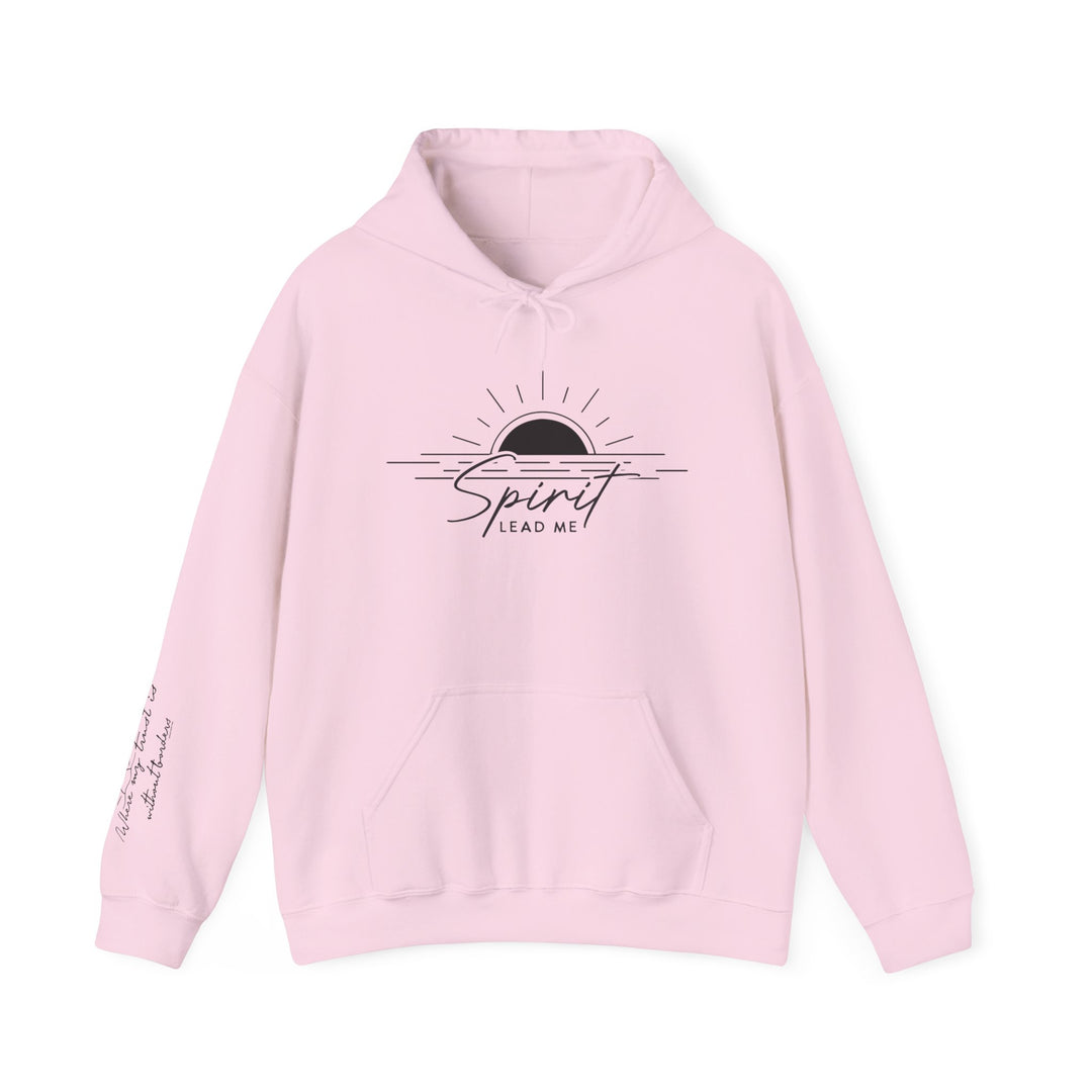 A Spirit Lead Me Hoodie, a pink sweatshirt with black text. Unisex heavy blend, 50% cotton, 50% polyester, medium-heavy fabric. Features kangaroo pocket, drawstring hood, tear-away label. Comfortable and warm for cold days.