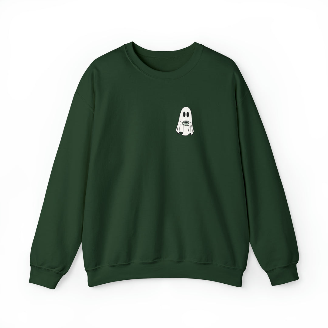 A green Ghost Coffee Crew Crew sweatshirt, ideal for any situation. Unisex heavy blend crewneck with ribbed knit collar, no itchy side seams. 50% cotton, 50% polyester, medium-heavy fabric, loose fit.