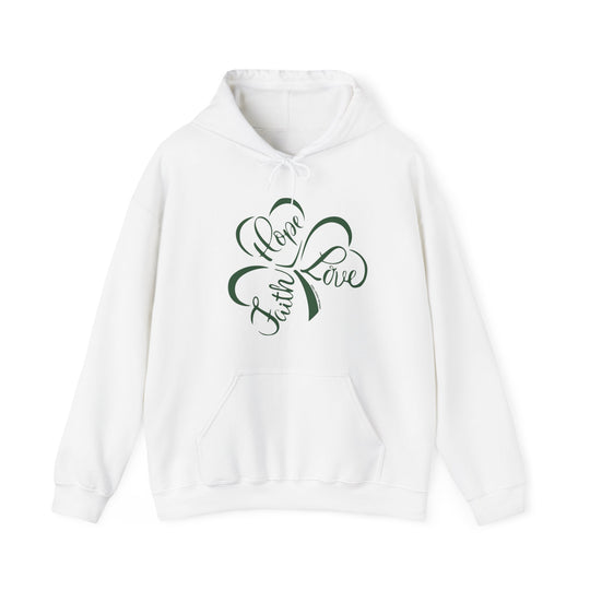 A white hoodie featuring a green clover and words design. Unisex heavy blend for warmth, with kangaroo pocket and matching drawstring. Faith Hope Love Hoodie by Worlds Worst Tees.