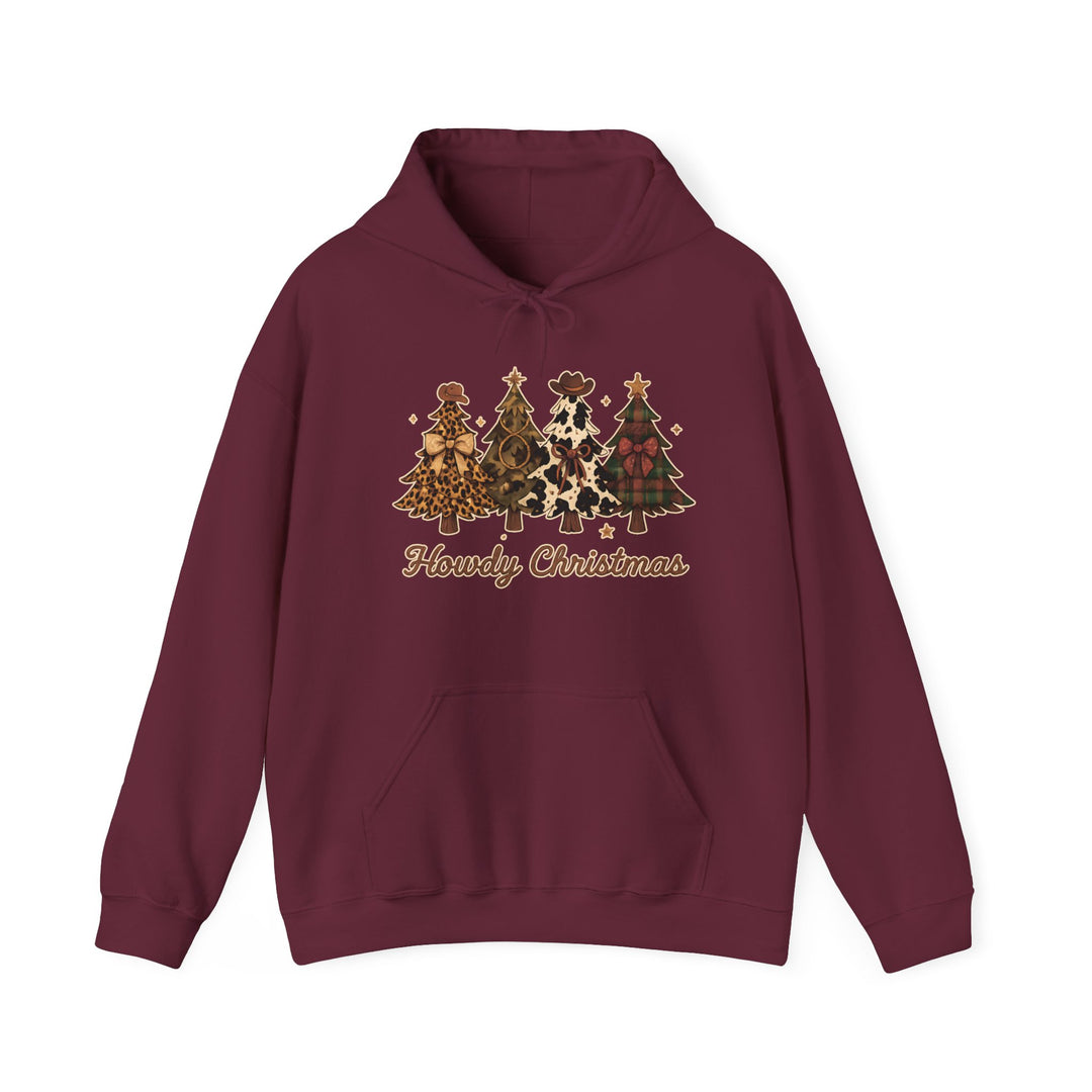 Howdy Christmas Hoodie featuring four patterned Christmas trees with bows or cowboy hats, kangaroo pocket, and drawstring hood, offering a cozy, festive style.