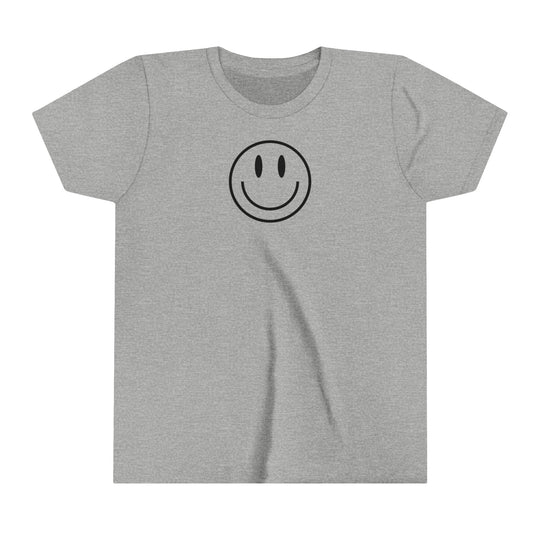 Youth short sleeve tee with a smiley face design. Lightweight, ring-spun cotton for custom artwork display. Side-seamed for shape retention, tape on shoulders for longer fit. Extra elastic collar, tear away label.