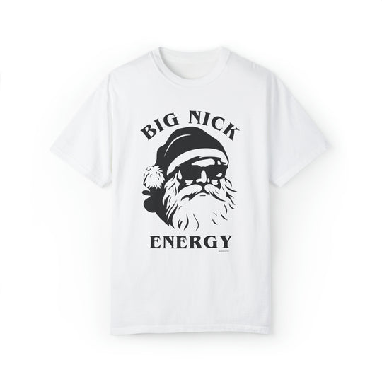 A white t-shirt featuring a bold Big Nick Energy Tee design, embodying comfort and style. Unisex, garment-dyed sweatshirt with 80% ring-spun cotton and 20% polyester, relaxed fit, rolled-forward shoulder, and back neck patch.