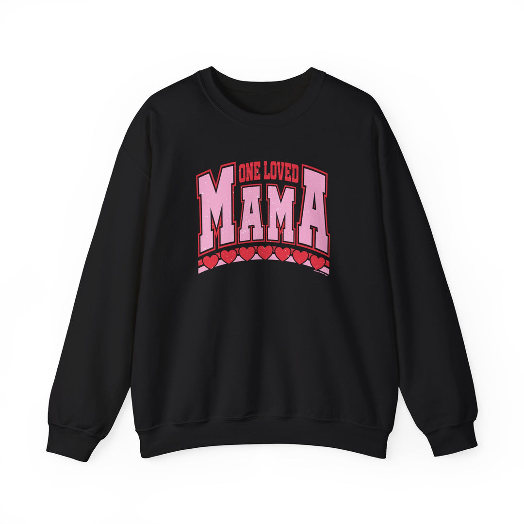 A unisex heavy blend crewneck sweatshirt featuring One Loved Mama Crew design. 50% cotton, 50% polyester, ribbed knit collar, loose fit, sewn-in label. Sizes S-5XL.