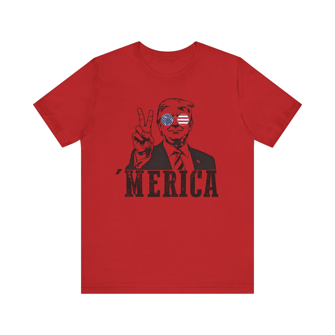 Trump 'Merica Tee: A classic unisex jersey short sleeve shirt with ribbed knit collars, featuring a comfortable retail fit ideal for casual and semi-formal occasions.