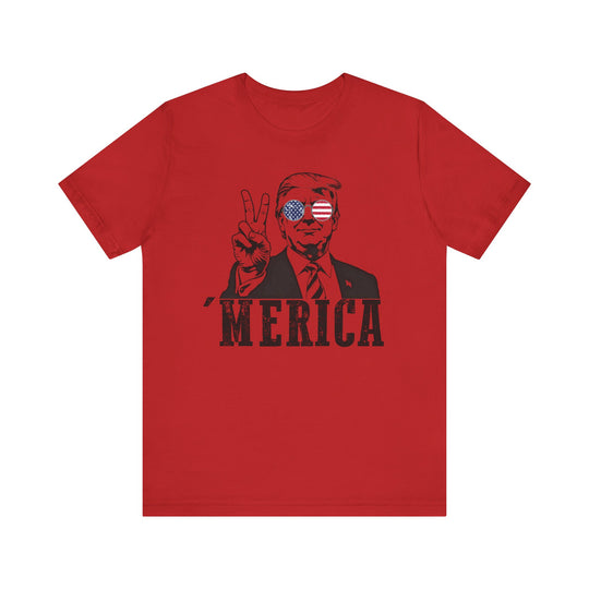 Trump 'Merica Tee: A classic unisex jersey short sleeve shirt with ribbed knit collars, featuring a comfortable retail fit ideal for casual and semi-formal occasions.