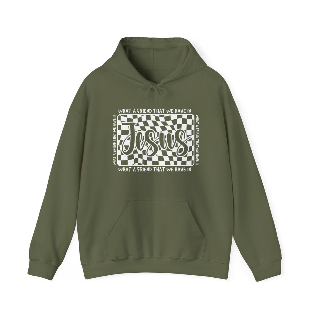 Olive-green hoodie featuring What a Friend We Have in Jesus design with wavy checkerboard graphic, kangaroo pocket, and drawstring hood, blending comfort and faith-inspired style.