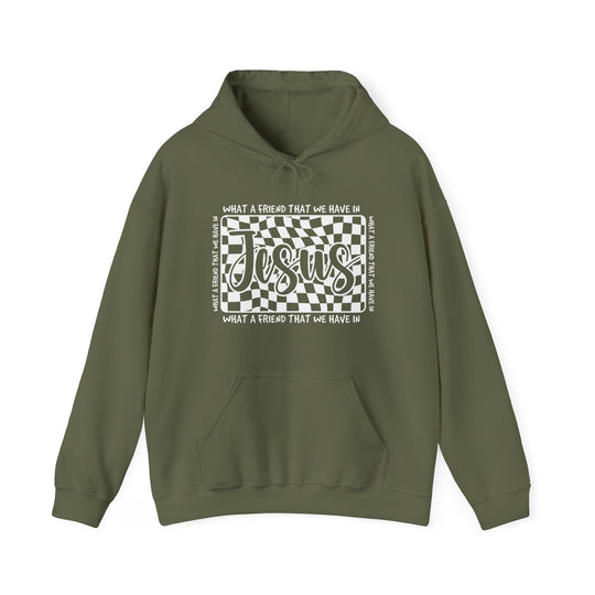 Olive-green hoodie featuring What a Friend We Have in Jesus design with wavy checkerboard graphic, kangaroo pocket, and drawstring hood, blending comfort and faith-inspired style.