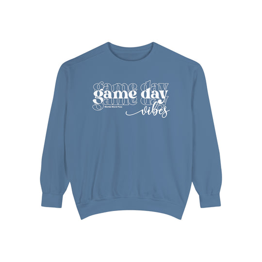 Unisex Game Day Vibes Crew sweatshirt in blue with white text. Made of 80% ring-spun cotton, 20% polyester, featuring a relaxed fit and rolled-forward shoulder for ultimate comfort and style.