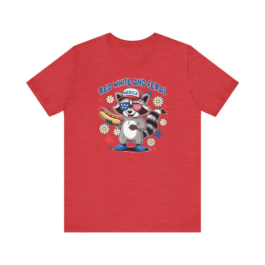 Red White and Feral 4th Tee, featuring a classic unisex fit with ribbed knit collars and dual side seams for durability. Made from soft, breathable cotton.