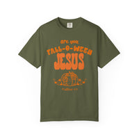 Dark olive-green crew-neck t-shirt with are you FALL-O-WEEN JESUS and pumpkin graphic, referencing Matthew 4:19, from Worlds Worst Tees collection.