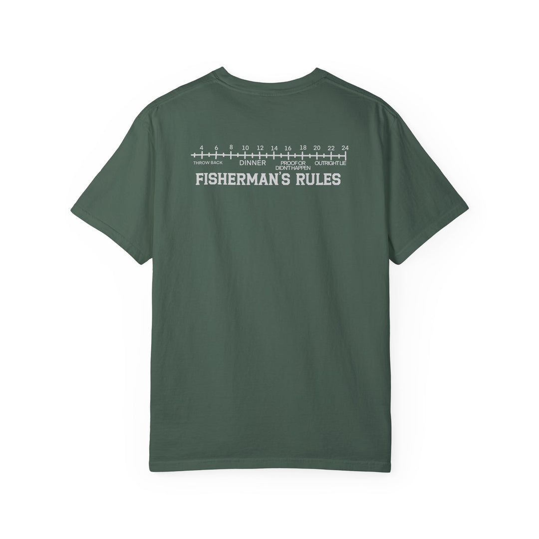 A back view of the Lucky Bones Fishing Club Tee, a garment-dyed t-shirt in green. Made of 100% ring-spun cotton with a relaxed fit, double-needle stitching, and no side-seams for durability and comfort.