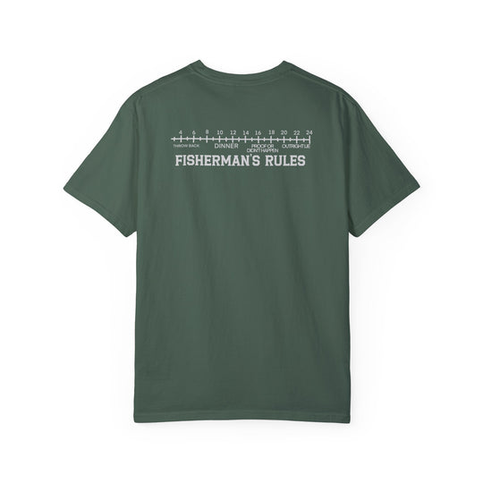 A back view of the Lucky Bones Fishing Club Tee, a garment-dyed t-shirt in green. Made of 100% ring-spun cotton with a relaxed fit, double-needle stitching, and no side-seams for durability and comfort.