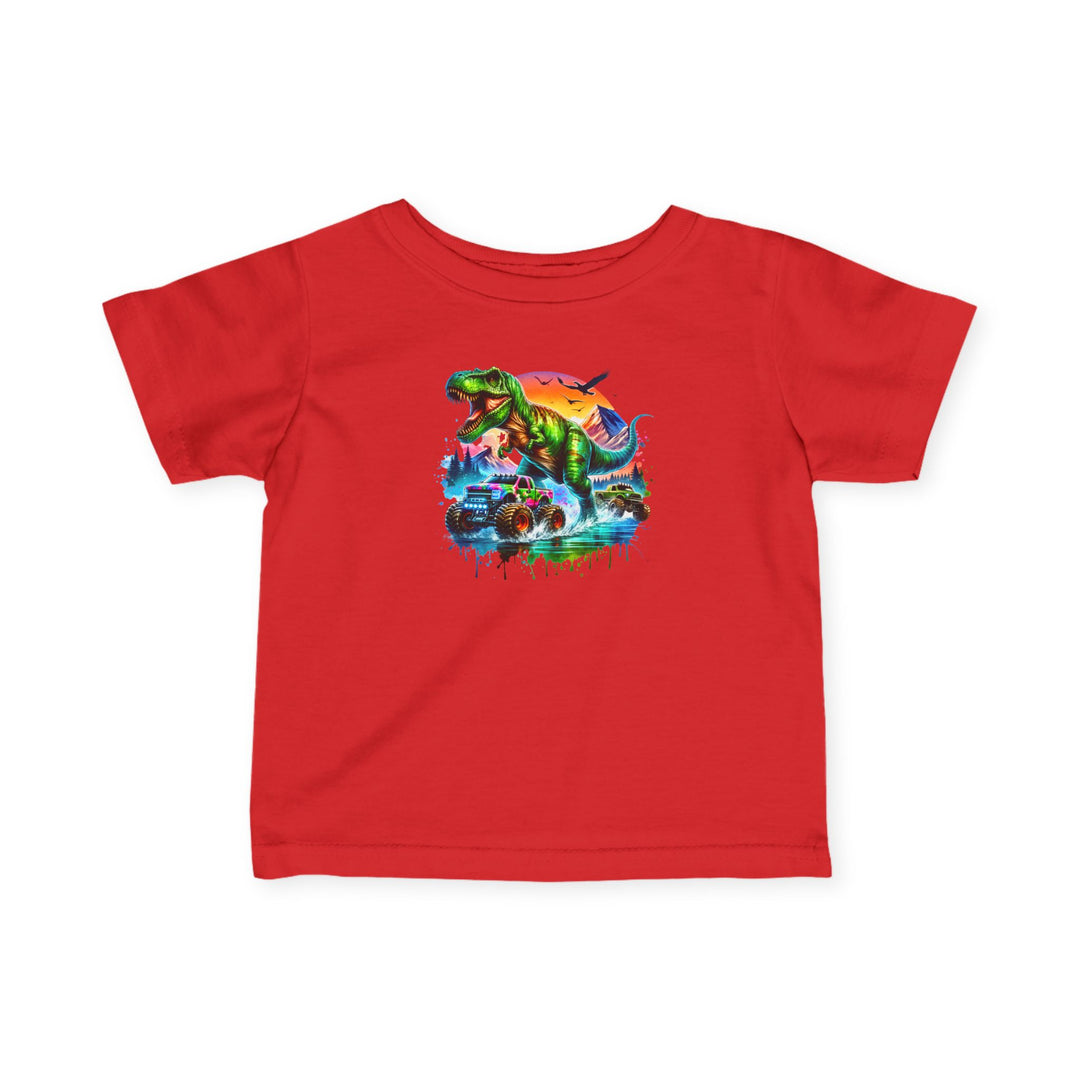 Dino Truck Baby Tee: A vibrant red toddler T-shirt featuring a roaring T-rex with monster trucks, ideal for comfort and durability in playful adventures.