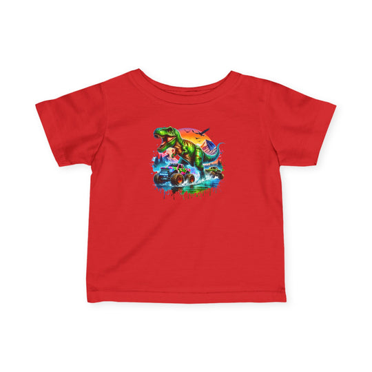 Dino Truck Baby Tee: A vibrant red toddler T-shirt featuring a roaring T-rex with monster trucks, ideal for comfort and durability in playful adventures.