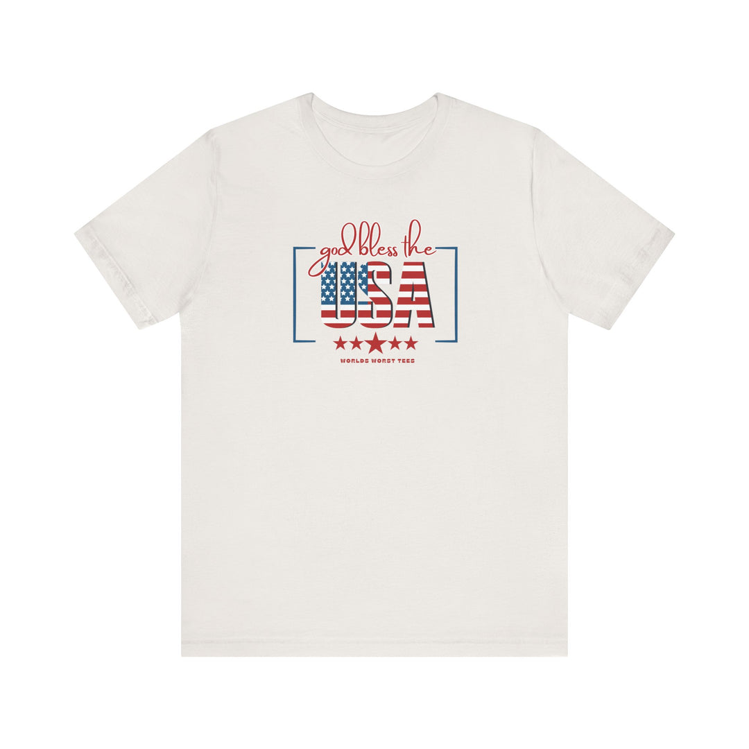 A classic unisex jersey tee featuring God Bless the USA text. Made of 100% cotton, retail fit, with ribbed knit collars and dual side seams for durability. Sizes XS to 3XL.