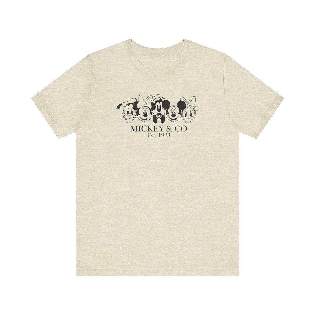 Mickey and CO Tee, a classic unisex short sleeve shirt with a ribbed crew neckline, designed for comfort and style with soft, breathable fabric.