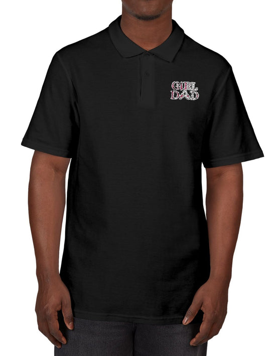 Man wearing the Girl Dad Polo Shirt (Embroidery), showcasing its semi-fitted, black design with a classic collar and dyed-to-match buttons.