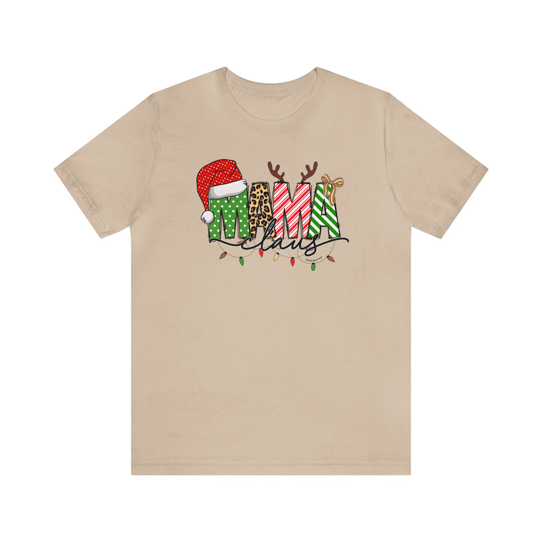 Unisex Mama Claus Tee: A tan t-shirt with a graphic design featuring a cartoon bear in festive attire. 100% Airlume combed cotton, retail fit, ribbed knit collar, and shoulder taping for durability. Sizes XS to 5XL.