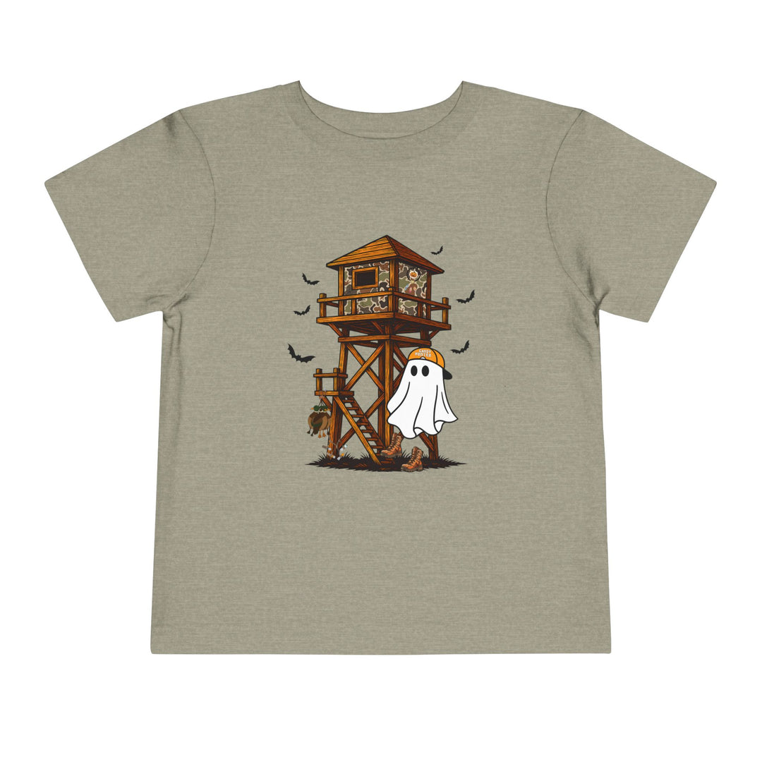 Ghost Hunter Toddler Tee featuring a cartoon hunting scene with a camouflaged deer-stand, bats, and a ghost in an orange cap, perfect for kids.