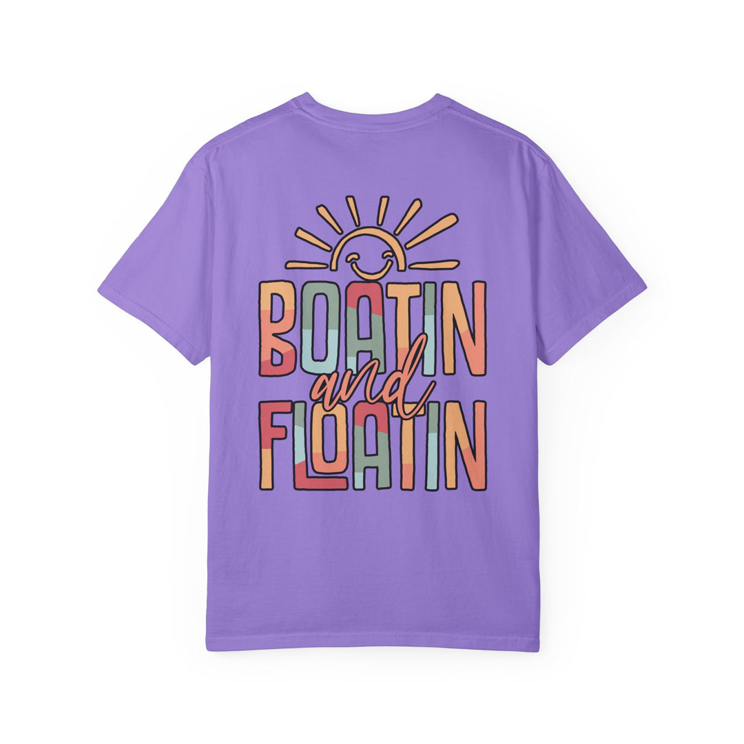 Boatin and Floatin Tee, a relaxed-fit, durable, garment-dyed t-shirt made with 100% ring-spun cotton, featuring double-needle stitching and tubular shape retention.
