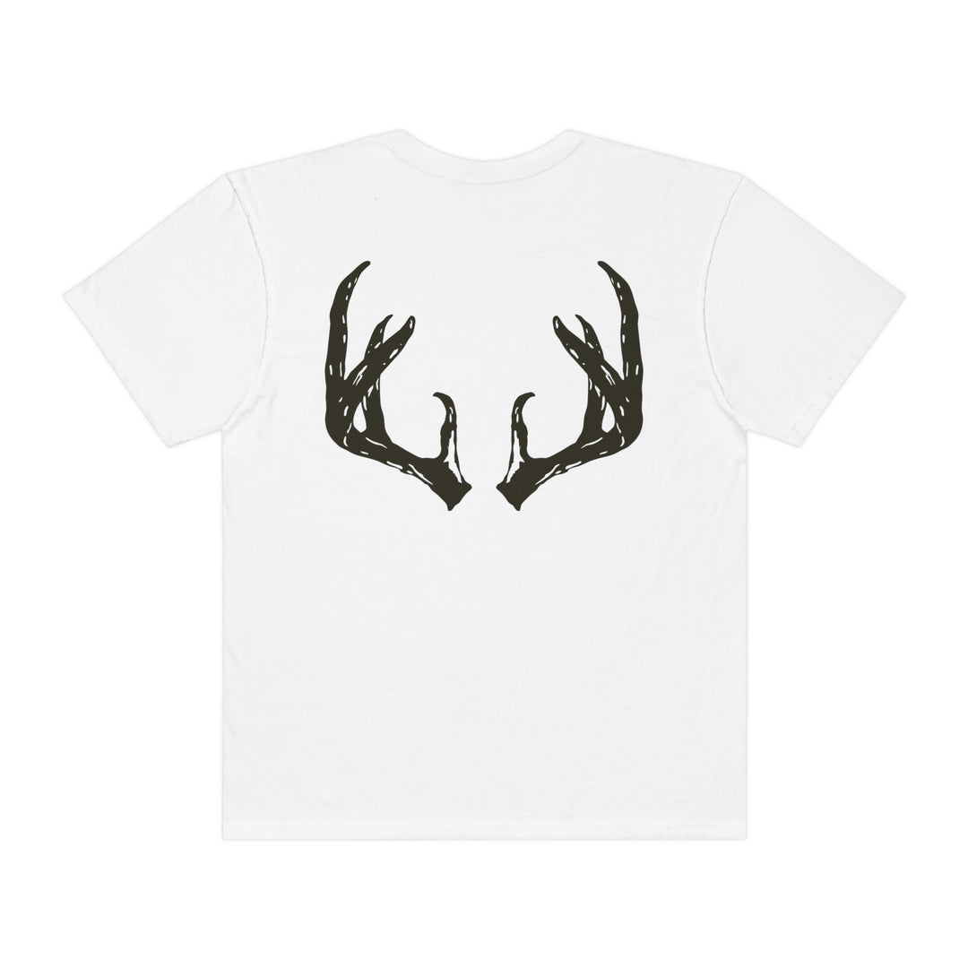 A relaxed fit Antler Tee in white, featuring black antlers. Made of 100% ring-spun cotton for comfort and durability. Double-needle stitching and seamless design for lasting quality. From Worlds Worst Tees.