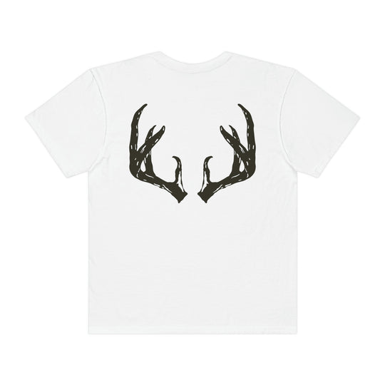 A relaxed fit Antler Tee in white, featuring black antlers. Made of 100% ring-spun cotton for comfort and durability. Double-needle stitching and seamless design for lasting quality. From Worlds Worst Tees.