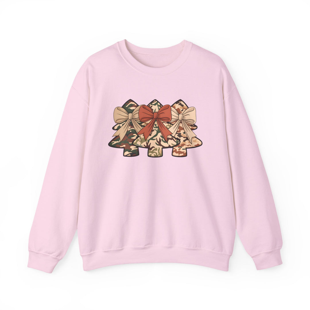 Camo Christmas Trees Crew sweatshirt featuring three camo-patterned trees with ribbon bows, designed for comfort with a cotton-polyester blend and ribbed knit collar.