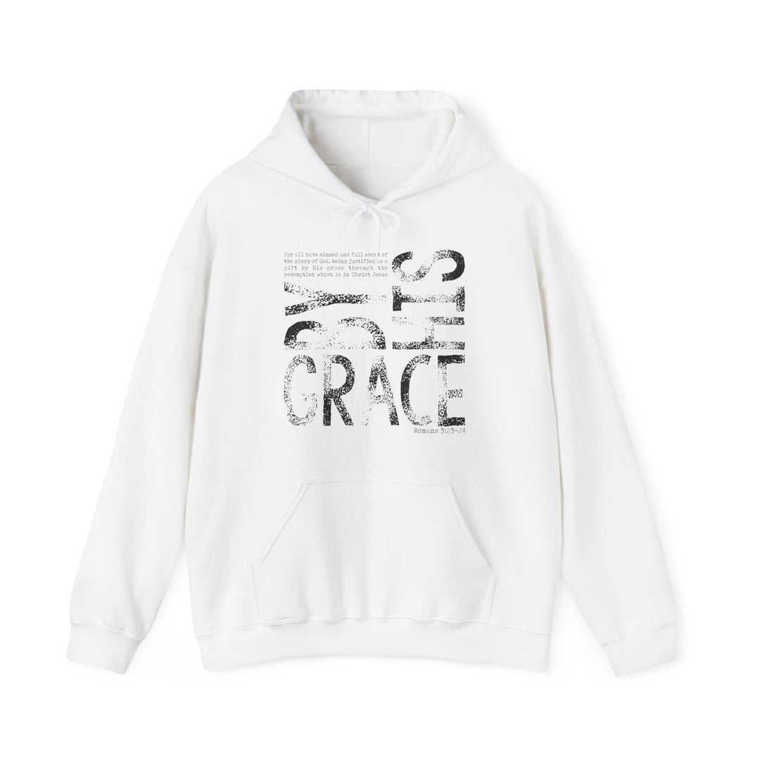 White pullover hoodie featuring BY HIS GRACE distressed graphic and Romans 3:23-24 text, with kangaroo pocket and drawstring hood for warmth and style.