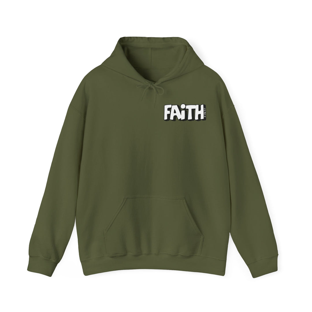 A green hooded sweatshirt with a white patch and text, featuring a logo, in a classic fit. Unisex heavy blend of cotton and polyester for warmth and comfort. Kangaroo pocket and drawstring hood.
