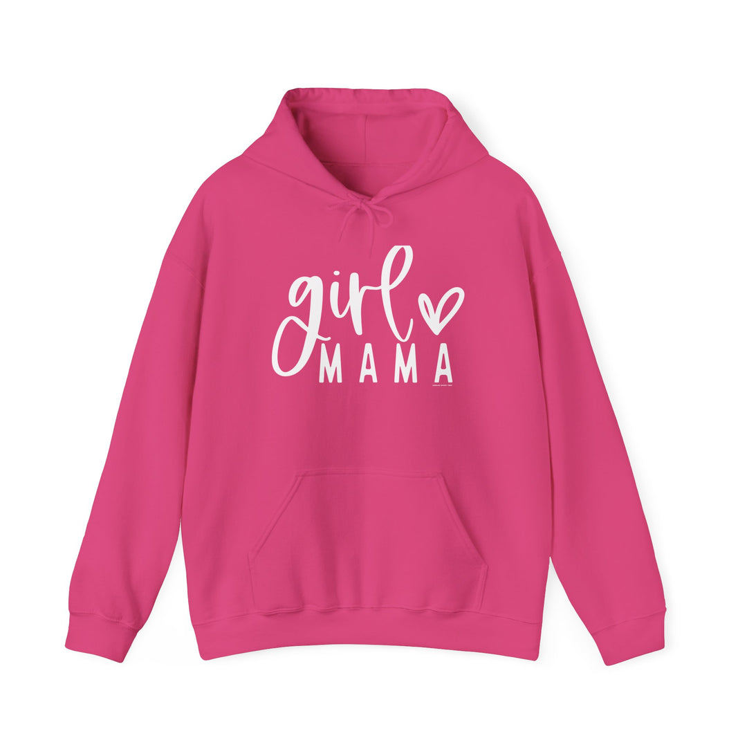 Girl Mama Hoodie: Pink sweatshirt with white text, kangaroo pocket, and matching drawstring. Unisex heavy blend for warmth and comfort. Ideal for cold days. Sizes: S-5XL. Cotton/polyester fabric, classic fit.