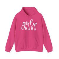 Girl Mama Hoodie: Pink sweatshirt with white text, kangaroo pocket, and matching drawstring. Unisex heavy blend for warmth and comfort. Ideal for cold days. Sizes: S-5XL. Cotton/polyester fabric, classic fit.